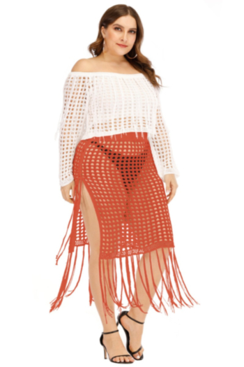 summer new oversize see through knitted stretch tassels sexy beach skirt cover-ups