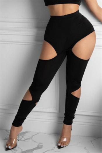 plus size solid color stretch high waist hollow stylish slim leggings