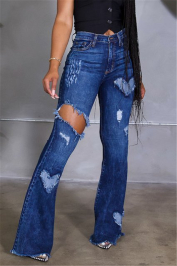 new plus size micro-elastic high waist holes stylish flare jeans