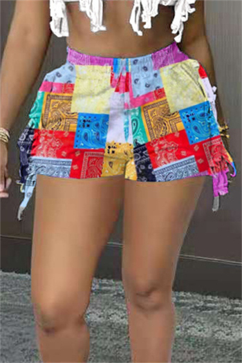 summer new plus size batch mosaic printing micro-elastic tassel pockets design side stylish shorts 1#
