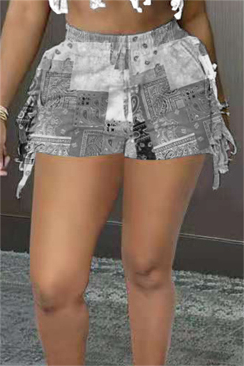 summer new plus size batch mosaic printing micro-elastic tassel pockets design side stylish shorts 2#