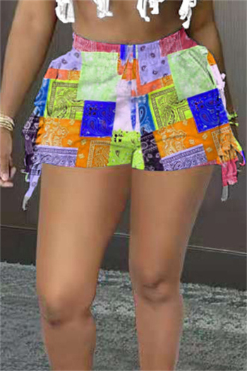 summer new plus size batch mosaic printing micro-elastic tassel pockets design side stylish shorts 3#