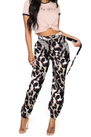 multi-pocket with belt leopard causal pants