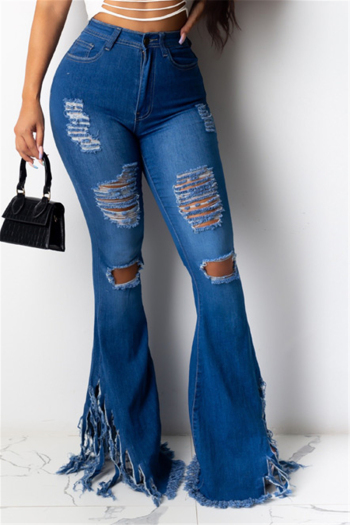 plus size solid color spliced tassel holes tight stretch casual jeans