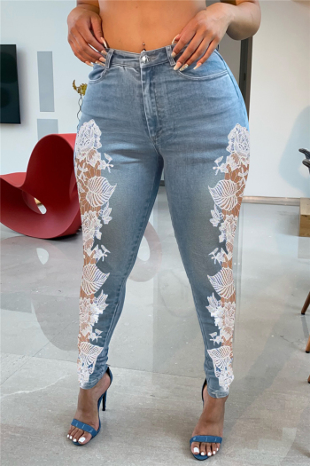 plus size 2 colors solid color spliced lace pockets zip-up stretch tight jeans