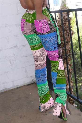 plus size multicolor batch printing pocket new stylish lace-up casual pants