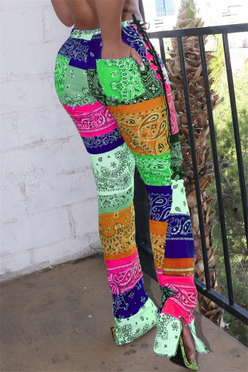 plus size new multicolor batch printing pocket stylish lace-up casual split pants