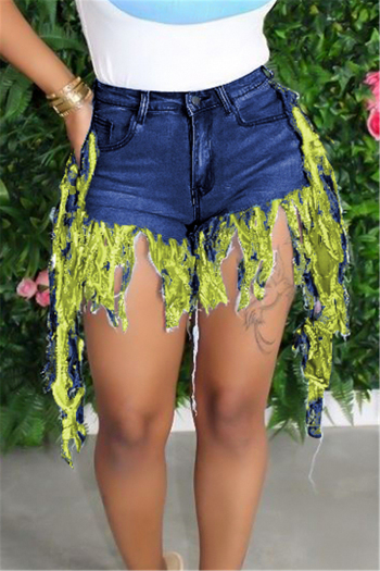 plus size solid color spliced tassel straight new stylish stretch casual denim shorts