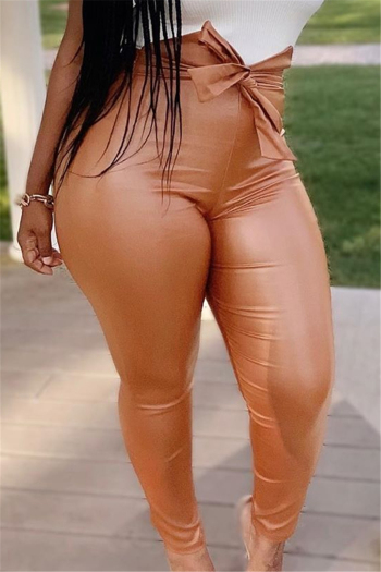 plus size solid color new stylish lace-up zip-up pu leather simple stretch tight pants -new add size