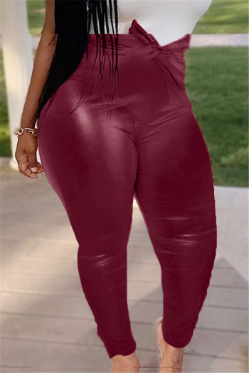 plus size solid color new stylish lace-up zip-up pu leather simple stretch tight pants (new add color)