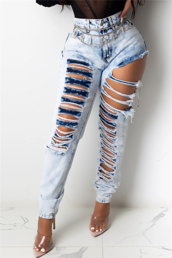 plus size summer holes inelastic tight new stylish zip-up pockets slim jeans