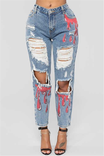 plus size autumn holes printing zip-up pockets inelastic loose jeans