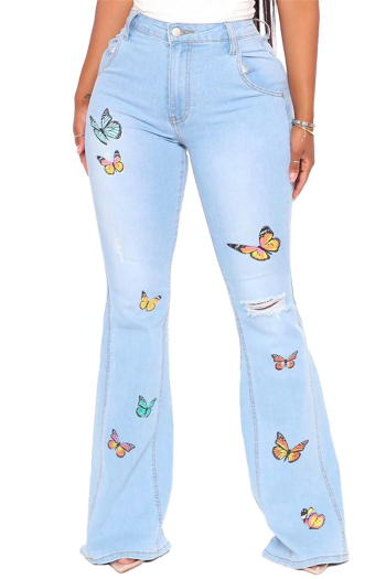 plus size autumn hole zip-up button butterflies embroidered casual jeans
