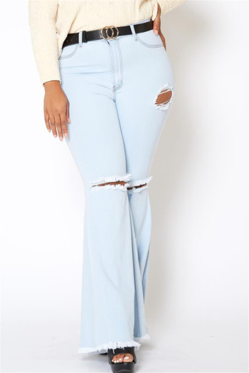 plus size solid color autumn holes pockets fashion stretch slim jeans