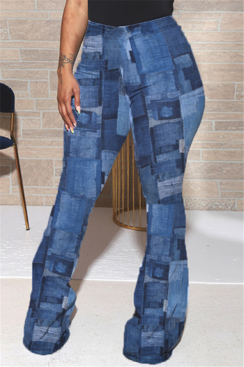 plus size autumn high waist denim imitation printing stretch wide-leg pants