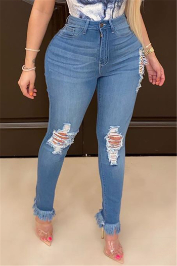 plus size solid color holes autumn zip-up fashion tassel stretch tight jeans