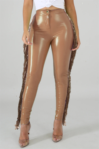 plus size 7 colors autumn zip-up solid color spliced sequin tassel pu leather pants