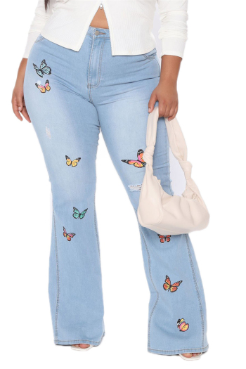 plus size autumn winter butterflies offset printing zip-up flare jeans