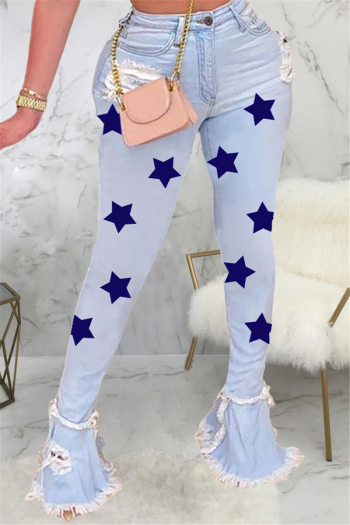 fashion plus size five-pointed stars batch print ruffled ripped jeans