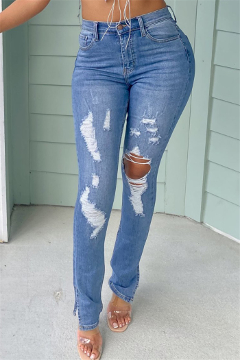 plus size autumn holes new fashion pockets zip-up casual straight jeans