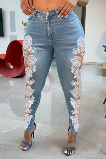 plus size denim stitching lace hollow out autumn zip-up pockets tight jeans