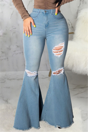 plus size fashion autumn all-match holes zip-up pockets flare jeans