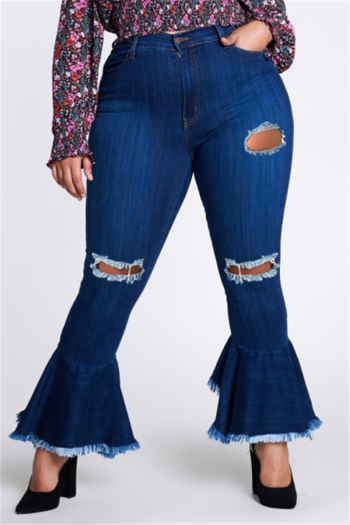 fashion plus size holes pockets solid color flare casual jeans