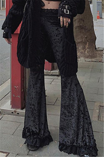 velvet stitching lace wide-leg hip-hop style solid color flared pants