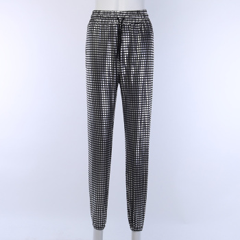 New stylish mid-waisted loose micro-elastic gilding plaid pants