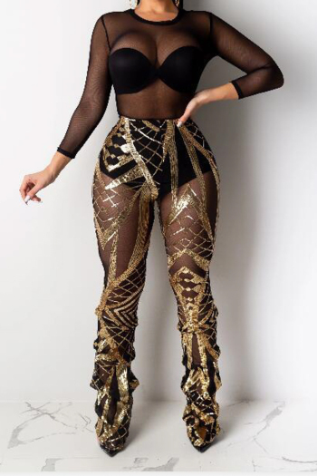 New stylish plus size splice underpants lining high waist sequin mesh see through stretch pants