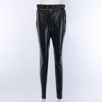 New stylish solid color pocket high waist ruffle slim casual PU pants