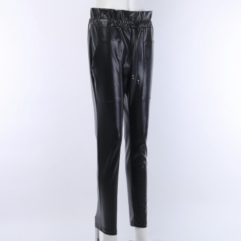 New stylish solid color pocket high waist ruffle slim casual PU pants