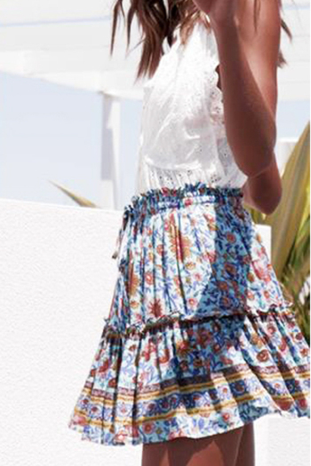New stylish floral batch printing high waist slim laced bohemian style beach mini skirt