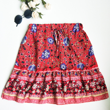 New stylish floral batch printing high waist slim laced bohemian style beach mini skirt