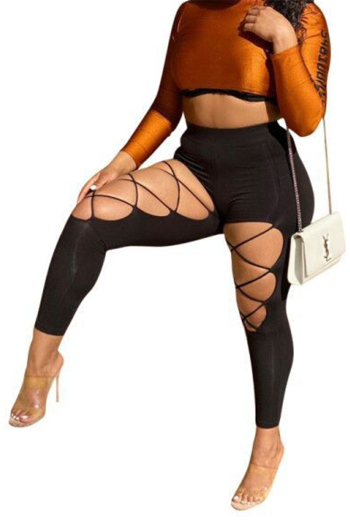 plus size new stylish solid color hollow out all-match tight leggings