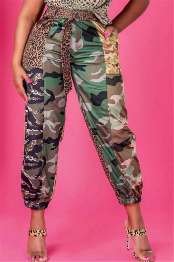 plus size camo stitching leopard batch printing pockets loose casual pants (with belt)