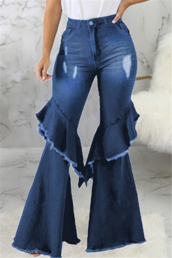 plus size autumn new stylish holes ruffle stitching all-match flare jeans