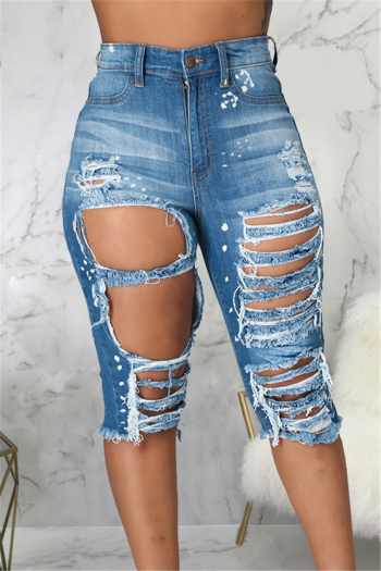 fashion summer plus size new style holes batch printing zip-up denim bermuda shorts