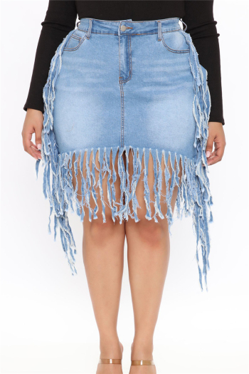 plus size new style summer solid color stitching tassel zip-up pockets slim denim skirt