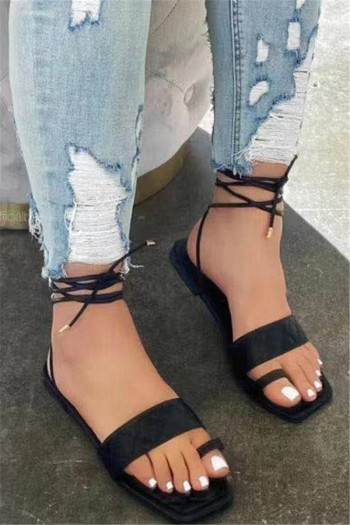 summer new solid color pu fabric peep toe bandage flat sandals