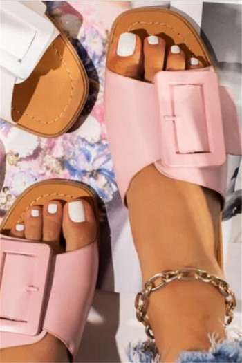 summer new solid color pu fabric peep toe big buckle design stylish beach slippers