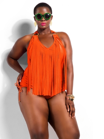 Plus Size High Waist Sexy Solid Color Tassel Swimsuit 