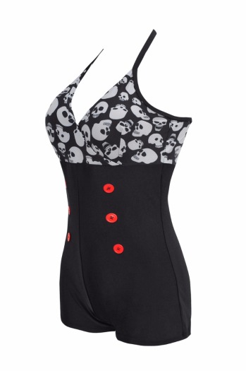 Skeleton Print Button One-Piece Swimsuit
