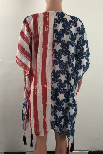American Flag Stripe Stars Bat Sleeve Slit Fringe Tassel Design Loose Beach Jacket