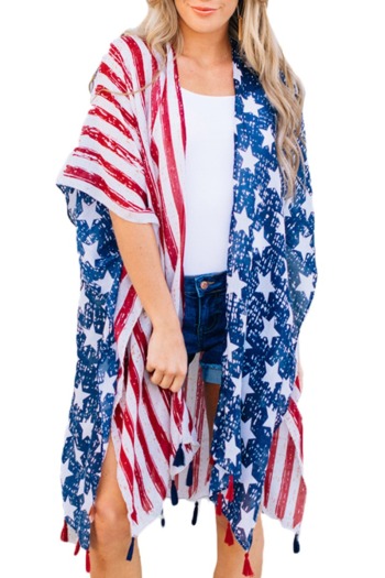 American Flag Stripe Stars Bat Sleeve Slit Fringe Tassel Design Loose Beach Jacket