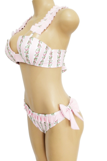 padded Pink Floral Striped Pleated Lace Bow Bikini