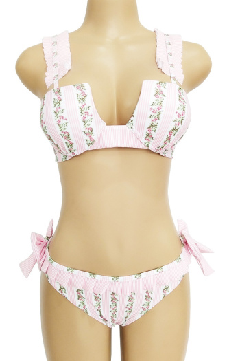 padded Pink Floral Striped Pleated Lace Bow Bikini