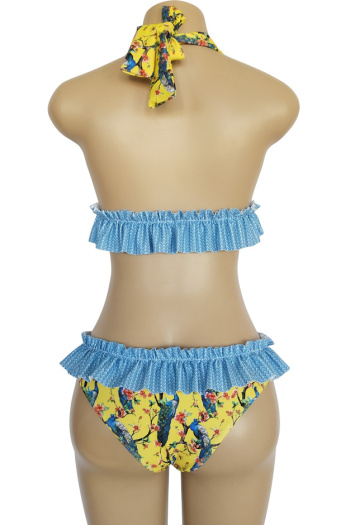 padded Peacock Print Pleated Skirt Split Swimsuit Two-Piece Set