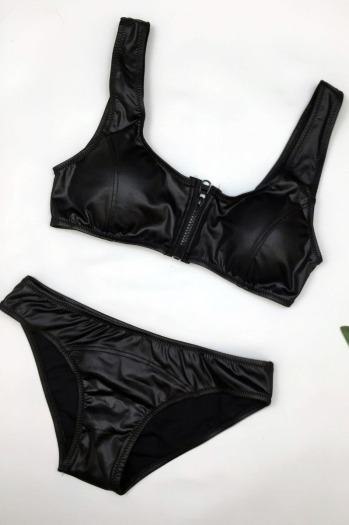Zipper sexy triangle swimsuit pure black bikini two-piece