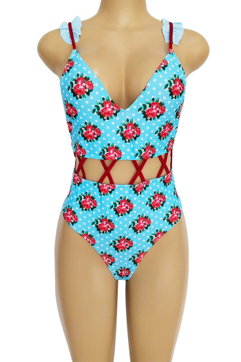 Sexy Shoulder Strap Printed Pleated Waist Hollow Ladies One-Piece Swimsuit